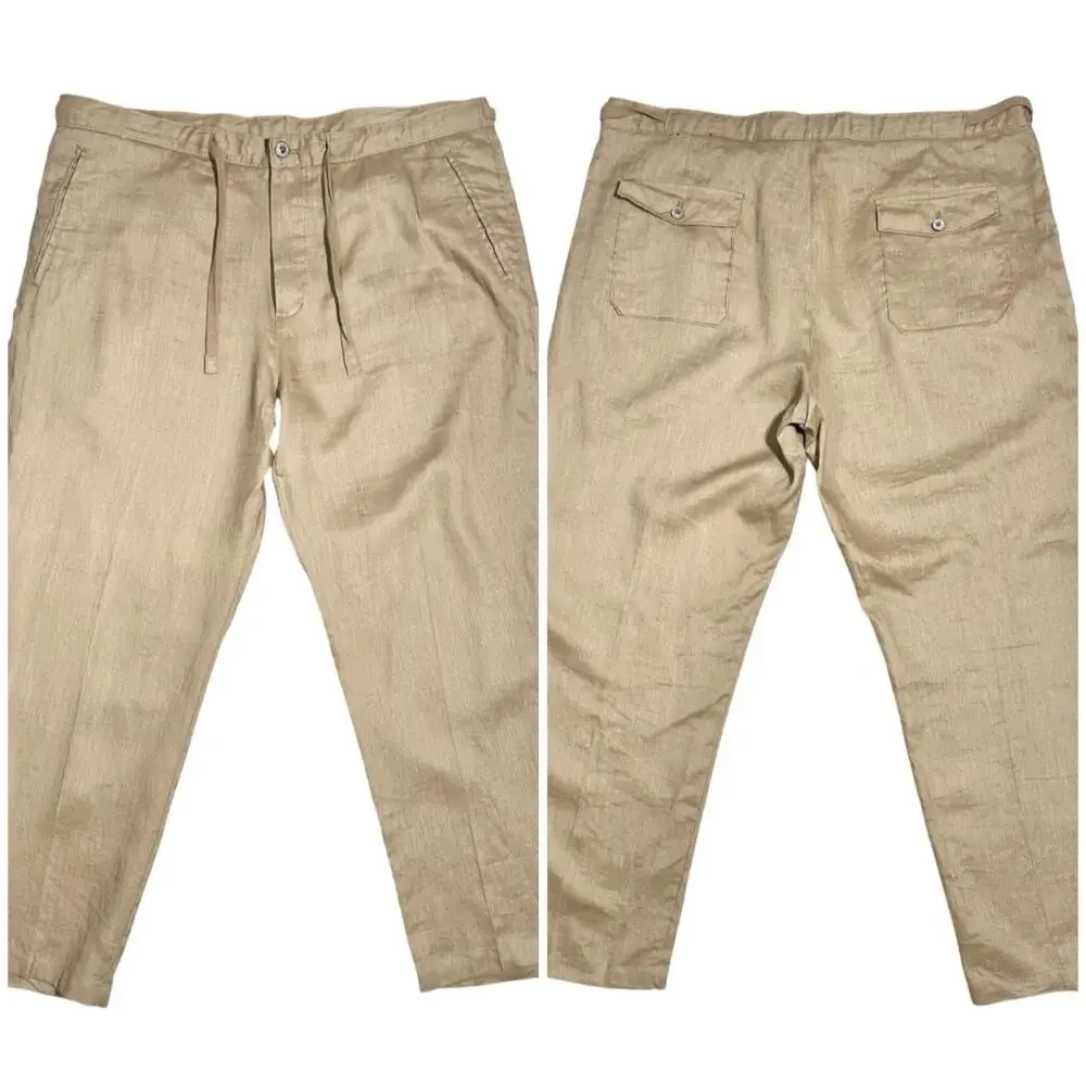 Tasso Elba Island | Men | Tan 100% Linen Vacation Light Drawstring Pants | 40x30